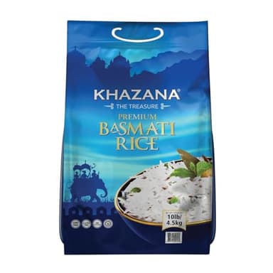 Authentic Premium Basmati Rice by Khazana in 10 lb Bag - Aromatic and Flavorful Indian Grain - Non-GMO, Gluten Free, Kosher, Cholesterol Free