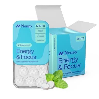 Neuro Energy & Focus Mints - Sugar Free Breath Mints with 40mg Natural Caffeine, B Vitamins & L-Theanine - Vegan Brain Supplement for Exercise, Study & Daily Focus - Peppermint, 72 ct
