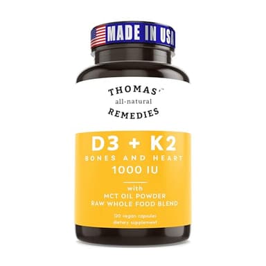 Thomas' all-natural Remedies D3 + K2 with MCT Oil for Better Absorption & Raw Whole Food Blend, 1000 IU D3, Vegan, Made in USA, Support for Your Heart, Bones & Teeth, Non-GMO (120ct)