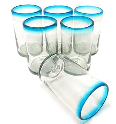 Dos Sueños Hand Blown Mexican Drinking Glasses – Set of 6 Glasses with Aqua Rims (14 oz each)