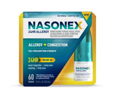 Nasonex 24HR Allergy Nasal Spray, Non-Drowsy, Scent-Free Mist, Allergy Symptoms + Nasal Congestion, Full Prescription Strength, 60 Sprays