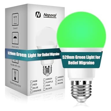 Neporal Migraine Relief LED Light Bulb, Full Spectrum Light with 520nm Narrow Band, Non-Drug Support for Headache, Anxiety, Tension Relief, 9W 60 Watt Equivalent, E26/E27, 1PK
