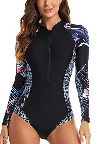 LafyKoly Women's One Piece Long Sleeve Rash Guard UV Protection Printed Surfing Swimsuit Swimwear Bathing Suit (Medium, Black&Blue&Pink)