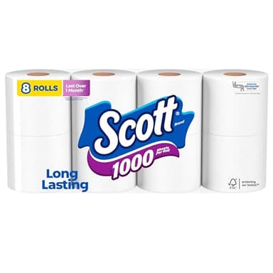 Scott 1000 Toilet Paper, 8 Rolls, Septic-Safe, 1-Ply Toilet Tissue