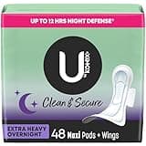U by Kotex Clean & Secure Overnight Maxi Pads with Wings, Extra Heavy Absorbency, 48 Count (2 Packs of 24) (Packaging May Vary)
