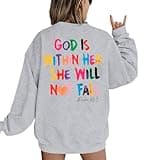 VILOVE Christian Sweatshirt Women Bible Verse Pullover Christian God Is Within Her Long Sleeve Inspirational Blouse Top Grey
