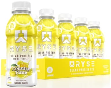 RYSE Clear Protein Drink - Country Time Lemonade - 100 Calories, 22g Whey Isolate Protein Shake, Sugar-Free, 0g Fat & Lactose-Free - Refreshing Ready-to-Drink Beverage - 16.9 fl oz Bottles (12-Pack)