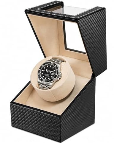 Automatic Single Watch Winder for Rolex and Other Luxury Watches - Premium Black Carbon Fiber Leather, Japanese Quiet Motor, Battery Powered or USB Powered, Gift for Men & Women
