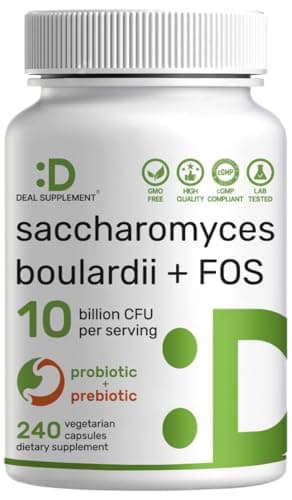 Saccharomyces Boulardii Probiotics + FOS Supplement, 10 Billion CFU, 240 Veggie Capsules – Probiotic & Prebiotic for Women & Men – Gut, Immune & Digestive Health Support – Non-GMO