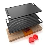 NutriChef Cast Iron Reversible Grill Plate – 18 Inch Flat & Ridged Skillet Griddle Pan, Fits Two Burners, for Gas, Electric, Ceramic Stovetops, with Silicone Oven Mitt