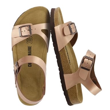 CUSHIONAIRE Lauri Cork Footbed Sandals for Women with Back Strap – Walking Style with Adjustable Buckle Ankle Strap Footbed Slides, ROSE GOLD 8
