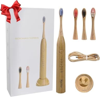 MgcSto Electric Bamboo Toothbrush Sonic Toothbrush - 4 Replaceable Bamboo Brush Heads Eco-Friendly IPX7 Waterproof Electric Toothbrush, One-Button Switch Five-Mode Brushing