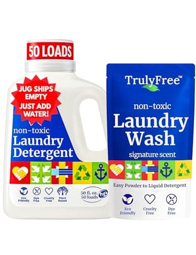 Truly Free Natural Laundry Detergent for Sensitive Skin | Eco Friendly, Plant Based, Baby Clothes Safe | Clean & Easy Powder to Liquid, 1 Pack Detergent + 1 Refillable Jug | Signature Scent, 50 Loads