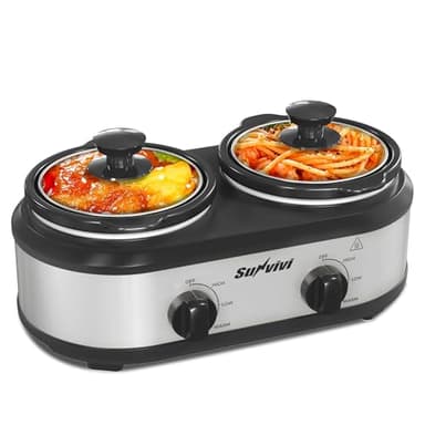 Sunvivi Dual Slow Cooker, Buffet Server and Food Warmer, Small Mini Pot with 3 Adjustable Temp & 2 Visible Glass Lids, for Parties, Holidays and Entertaining, Stainless Steel, 2 * 1.25 Quarts
