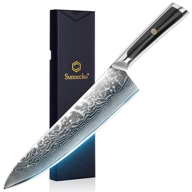 Sunnecko 8 Inch Japanese Damascus Chef Knife - Ultra Sharp 10-12 Degree Edge VG10 67 Layers Kitchen Cooking Knife for Meat, Vegetable & Fruit, Full Tang Professional Forged Blade, Premium Gift Box