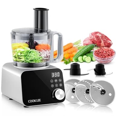 COOKLEE Food Processor, 600 Watts, 6 Functions Electric Food Chopper for Chopping, Mincing, Dicing, Shredding, Slicing, Purees & Dough with 12cup Processor Bowl, Food Chute & Pusher, Silver