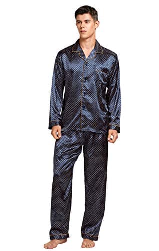 TONY AND CANDICE Men's Classic Satin Pajama Set Sleepwear (Blue / Golden, Medium)