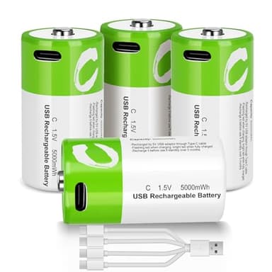 seyyen Lithium Rechargeable C Batteries 4 Pack,5000mWh High Capacity 1.5V Li-ion C Batteries with 4 in 1 USB-C Charge Cable,Long Lasting Batteries C Size