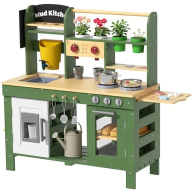 BIERUM Mud Kitchen for Kids Outdoor - Wooden Play Kitchen for Toddlers with Accessories，Pretend Outdoor Playhouse for Kids Ages 3+, Outdoor Kitchen with Sink, Faucet & Storage, Large