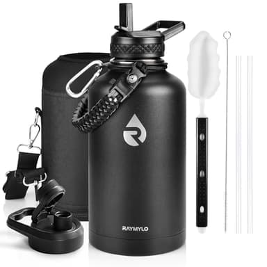 RAYMYLO Insulated Water Bottle 64 oz, Triple Wall Vacuum Stainless Steel (Cold for 48 Hrs), Leak Proof & Non-BPA, Half Gallon Water Flask Jug with Paracord Handle & Straw Spout Lids, Magic Black