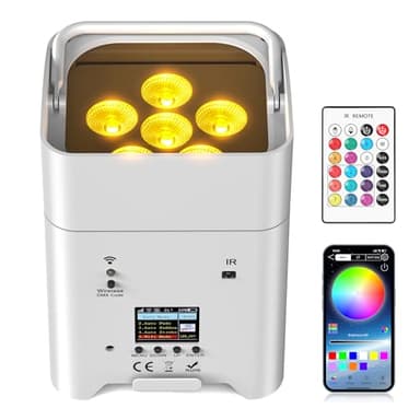 DazzlingStage 9600mAh Wireless Uplights, 6x18W RGBWA UV Stage Lights, APP/DMX512 Controlled Par Lights, Rechargeable Battery Powered Uplights for Show, Party, Festival, Event, White, 1 Pack