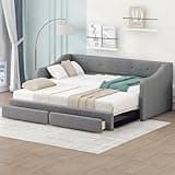 SOFTSEA Twin XL Size Upholstered Daybed with Trundle & Storage Drawers, Linen Sofa Bed Daybed with Pop Up Trundle, Twin XL to King Daybed for Kids Adults Bedroom, No Box Spring Needed, Grey