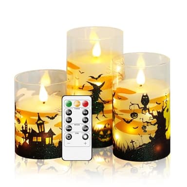 JINYANIA Flameless Candles Real Wax Realistic Halloween Candles with Glass Shell, Battery Operated LED Pillar Candle with Remote Timer, Ideal for Halloween Home Decor（D 3"*H 4" 5" 6" ）