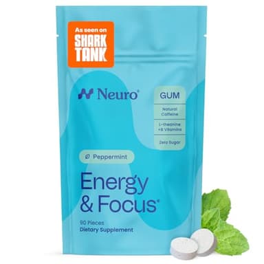 Neuro Energy & Focus Gum - 40mg Natural Caffeine Gum & Nootropic Energy Supplement with L-Theanine & B Vitamins - Sugar Free, Vegan - Peppermint, 90ct