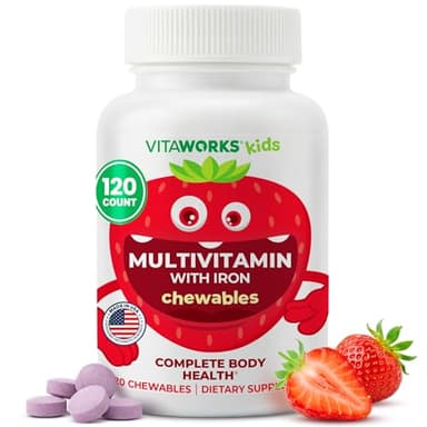 Kids Multivitamin with Iron & Minerals Chewable Tablets - Mixed Fruit Flavor - Vegetarian, GMO-Free, Nut Free - Dietary Supplement - Digestive Support for Children - 120 Chewables