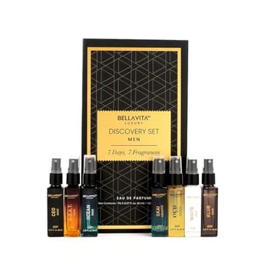BellaVita Luxury Discovery Set Mens Perfumes (7x8ml) | Mini Perfume Gift Set for Men with Bergamot, OUD & Patchouli Oriented | Compact Long-Lasting Oud Colognes for Men | Cruelty Free Fragrance