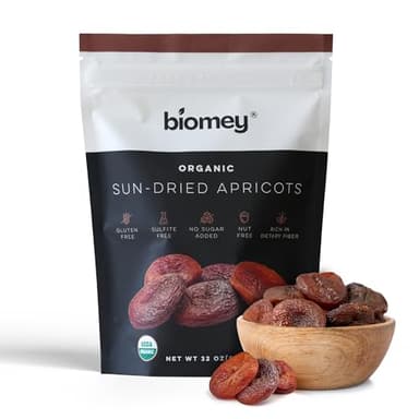 Biomey Organic Certified 2 LB Sun-Dried Unsulphured Turkish Apricots - Soft & Juicy Dried Fruit - No Sugar Added - No Preservatives - Vegan - Non-GMO - Gluten Free Healthy Snack - Bulk Value Resealable Pack
