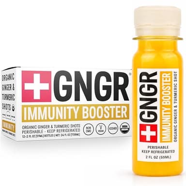 +GNGR Immunity Booster – Organic Cold-Pressed Ginger & Turmeric Shots with Orange, Lemon & Cayenne. High-Absorption Curcumin. Ginger Shot for Immune & Digestive Support. 2 fl oz Bottles (12-Pack)