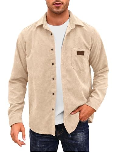 Comdecevis Men's Corduroy Button Down Shirt Casual Shirts Long Sleeve Shacket Jacket with Pocket Khaki X-Large