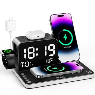 acer 7-in-1 Wireless Charging Station: Charger Stand for Multiple Devices for Apple - iPhone 16 15 14 13 12 Pro Max Apple Watch Airpods, Wireless Charger iPhone Charging Station with Bluetooth TimeSyn