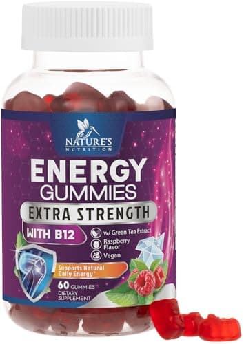Energy Gummies Vitamin B12 1000mcg Per Serving - Daily Energy Gummies with Natural Caffeine from Green Tea - Berry Flavor B12 Chewable Exercise Supplement for Running Cycling & Sports - 60 Chews