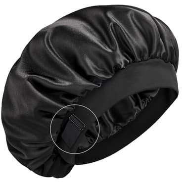 YFONG Real Mulberry Silk Bonnet, Double Layer Silk Lined Bonnet for Sleeping Women Men, Double Layer Adjustable & Non-Slip Sleep Cap, Black