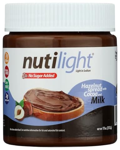 Nutilight No Sugar Added Hazelnut Spread with Cocoa and Milk, Keto and Diabetic Friendly, Non-GMO, Gluten-Free, and Soy-Free, 11 Oz (Pack of 1)