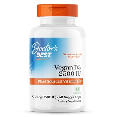 Doctors Best Vegan Vitamin D3 2500 IU Veg Caps - Vegan Vitamin D Supplement for Men & Women, Helps Support Calcium Absorption, Heart Health & Immune Support, 62.5 mcg per Serving - 60 Veggie Capsules
