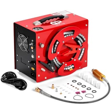 TUXING 4500Psi Pcp Air Compressor, Auto-Stop,Oil&Water-Free, Unique Vertical+Wire Spool Portable Design,Built-in DC 12V/AC 110V Power Converter, Paintball/Scuba Air Compressor (TXES062)