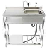 ROOMTEC 304 Stainless Steel Single Bowl Utility Sink Set, Commercial Restaurant Kitchen Sink, Outdoor Sink with Workbench & Storage Shelve with Hot and Cold Water Pipes (39 in（Right bowl）)