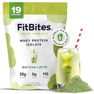 FitBites 100% Whey Isolate Protein Powder (Matcha Latte), 5.9g BCAAs, Gluten Free, Zero Sugar, Fast Absorbing, Easy Digesting