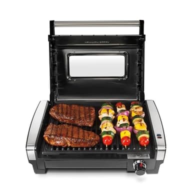 Hamilton Beach Electric Indoor Searing Grill with Viewing Window & Adjustable Temperature Control to 450F, 118 sq. in. Surface Serves 6, PFAS-Free Removable Nonstick Grate, Stainless Steel