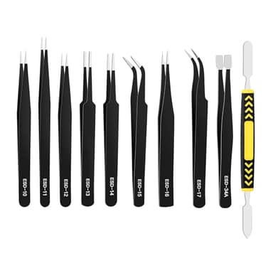 Precision Tweezers Set 10 Piece, ESD Safe Anti-Static Stainless Steel Kit with Case & Pry Tool for Electronics Repair, PCB Soldering, Jewelry Making, Watch Repair, Lab and Craft Work