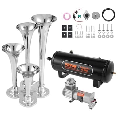 VEVOR Train Horns Kit, 4 Trumpet Air Horn Kit, 150dB Train Horns for Pickup Trucks, 12V 160 psi Air Compressor 2.6 Gal/10 L Tank with Gauge for Any 12V Vehicle Car Truck Train Van Boat