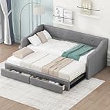 Flieks Twin XL to King Size Linen Upholstered Daybed with Two Drawers,Daybed Frame with Pop-up Trundle Bed,Extendable Daybed for Guest Room,Living Room,Gray