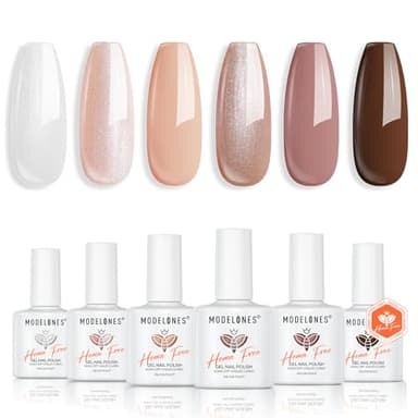 modelones Nude Hema Free Gel Nail Polish Set, 6 Colors Nude White Neutral Brown Skin Tone Beige Khaki Glitter Gel Polish Kit 2026 Spring Gel Nail Kit Polka Dot Nails Soak Off French Nail Art Manicure