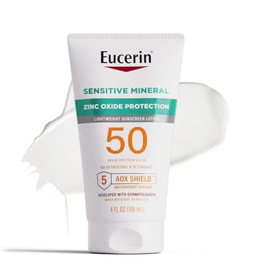 Eucerin Sun Sensitive Mineral Sunscreen Lotion SPF 50 with Zinc Oxide Protection, Hypoallergenic Sunscreen for Sensitive Skin, Oxybenzone and Octinoxate Free, 4 Fl Oz Tube