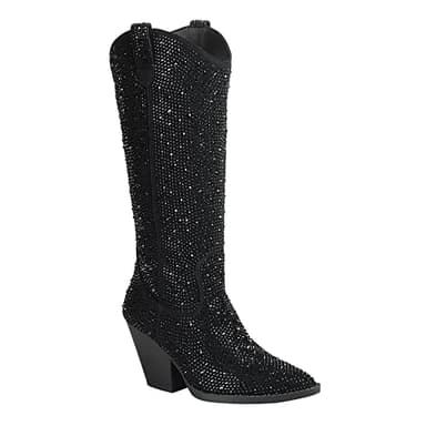 ABSOLEX Women Western Cowgirl Cowboy Pointed Toe Rhinestone Knee High Boots, Black, 8.5