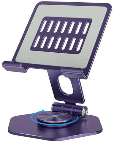 SOJUNER Foldable Aluminum Tablet Stand for Desk, 360° Swivel iPad & Tablet Holder – Portable & Stable Desktop Mount for 5–12.9in Devices, Purple