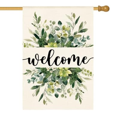 AVOIN colorlife Spring Summer Floral Welcome House Flag 28x40 Inch Double Sided Outside, Eucalyptus Seasonal Farmhouse Yard Outdoor Flag